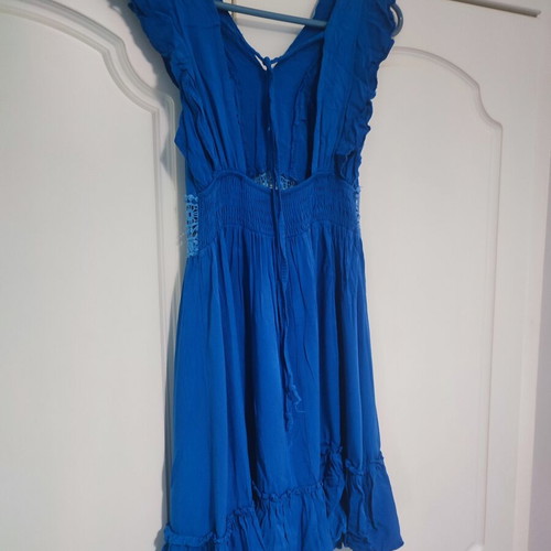 Summer dress used, blue, knee-length with back tie and front knit