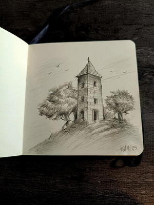 Small sketch of stone tower like new with mechanical pencil