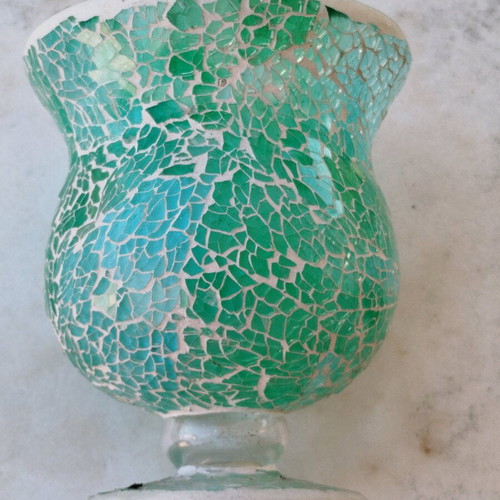 Glass mosaic candle holder new in green and light blue
