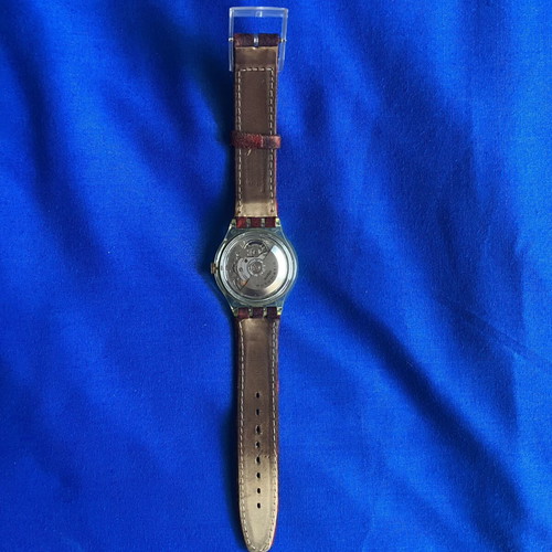 Swatch automatic wristwatch, red fabric and leather strap
