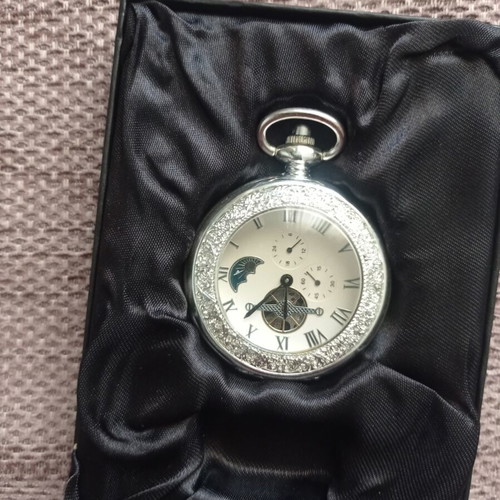 Pocket watch wind-up unused with moon phases silver