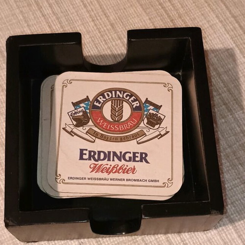 Wooden coaster holder with 8 Erdinger coasters used