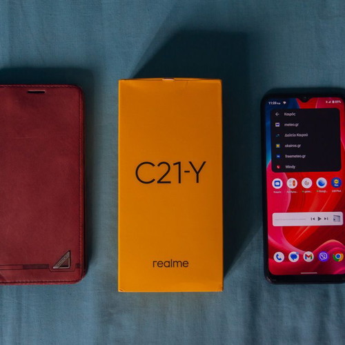 Realme C21Y Black Dual SIM smartphone used with case and charger