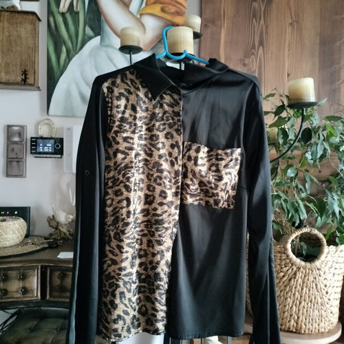 Satin shirt and leggings set with leopard details, new, black