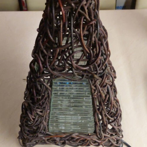 Handmade floor lamp like new made of wood, glass and wire