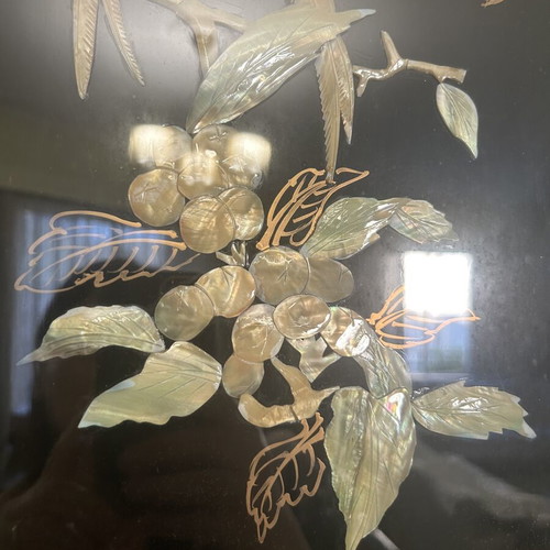 Vintage Chinese lacquer panel Birds & Flowers used decorative art