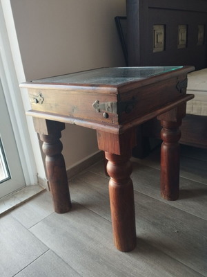Handmade wooden coffee table with glass top, like new, rustic boho style