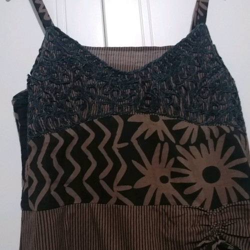 Mia strap dress used brown with black, cotton, size L, asymmetric