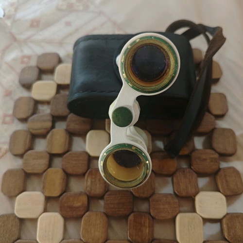 Vintage theatrical binoculars used with wear, leather case, 2.5x24, collectible