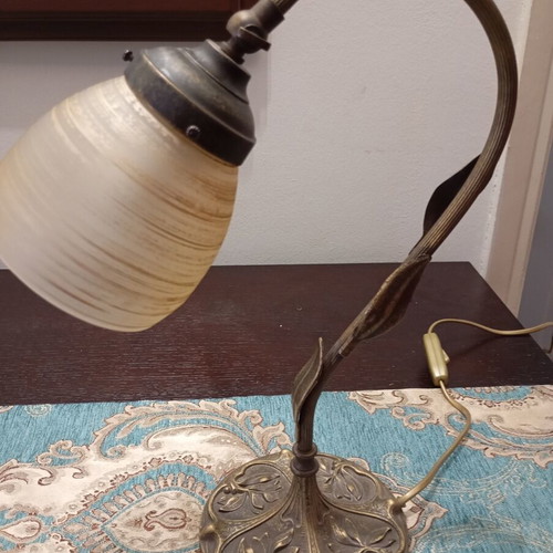Vintage Art Nouveau table lamp brass with heavy blown glass like new