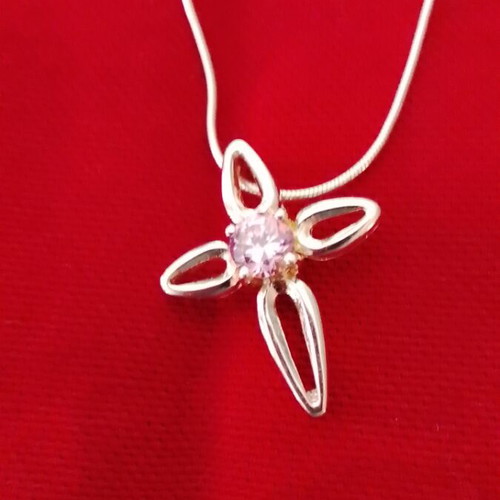 Silver cross necklace used with pale pink stone, 40cm