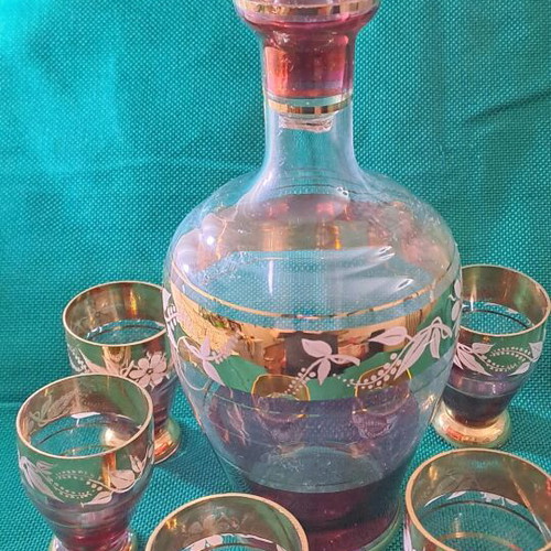 Antique crystal wine set with gold and burgundy decoration, 5 glasses
