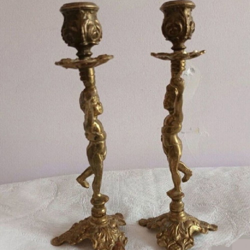 French embossed brass candlesticks used, set of 2, 25 cm