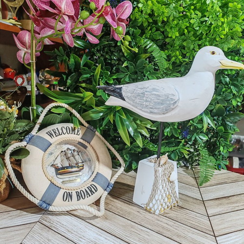 Wooden seagull and HMS Endeavour lifebuoy nautical decor set