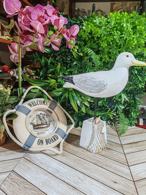 Wooden seagull and HMS Endeavour lifebuoy nautical decor set