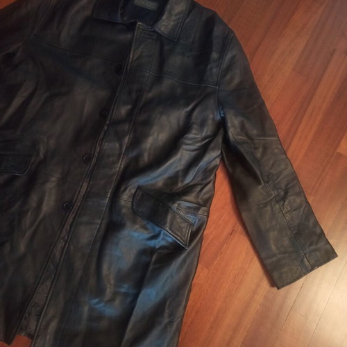 Chevignon leather long coat men's XL used, black