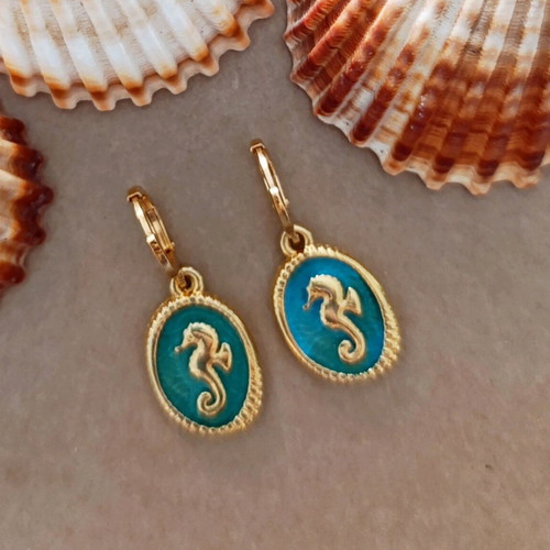 Seahorse dangle earrings new, gold tone with turquoise-green enamel