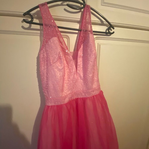 Evening dress used, very long pink and white with train, size S
