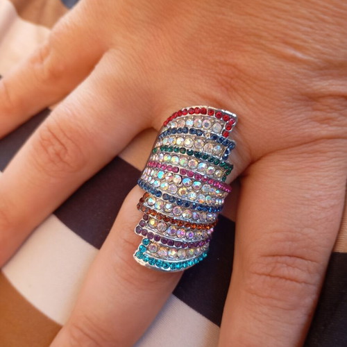 Statement cocktail ring with multicolor rhinestones like new