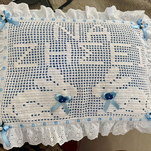 Handmade Crochet Pillow with Lace and Blue Ribbons