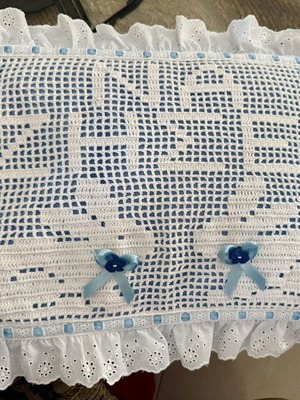 Handmade Crochet Pillow with Lace and Blue Ribbons