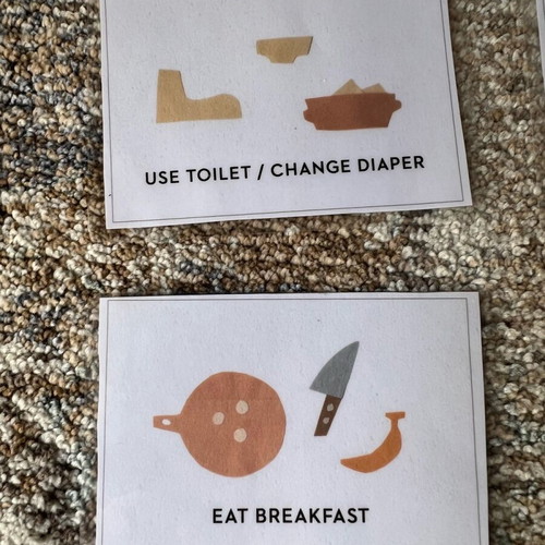 Routine cards used, laminated with English phrases