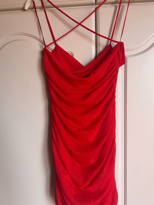 Mini dress new, red, with ruching and draped details