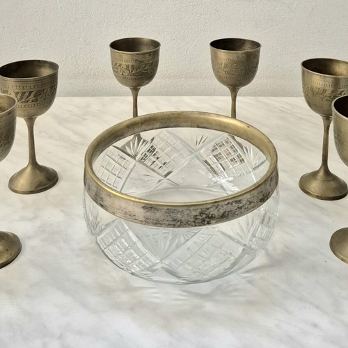 Vintage brass glasses set of 6 and glass bowl used