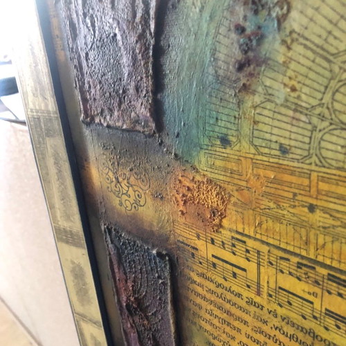 Painting Ekremes used, oil, sand, collage 57x138cm