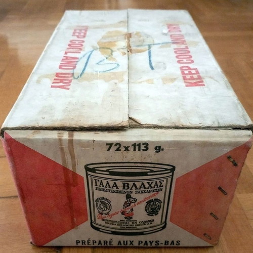 Collectible old Vlachas condensed milk box used