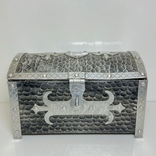 Metal Storage Chest used, Gothic style with medieval symbols