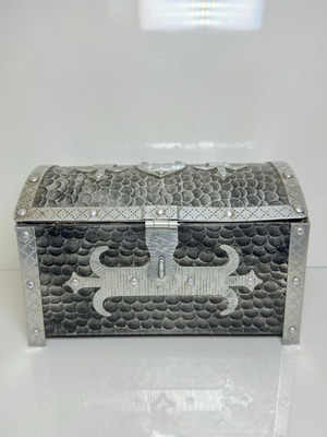 Metal Storage Chest used, Gothic style with medieval symbols