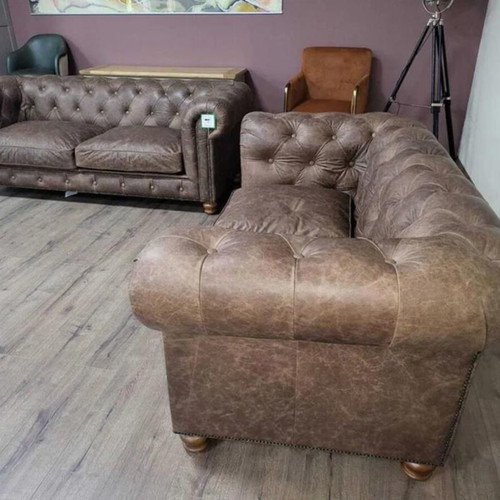 Antique Brown Leather Chesterfield Sofa Set Three- and Two-Seater New