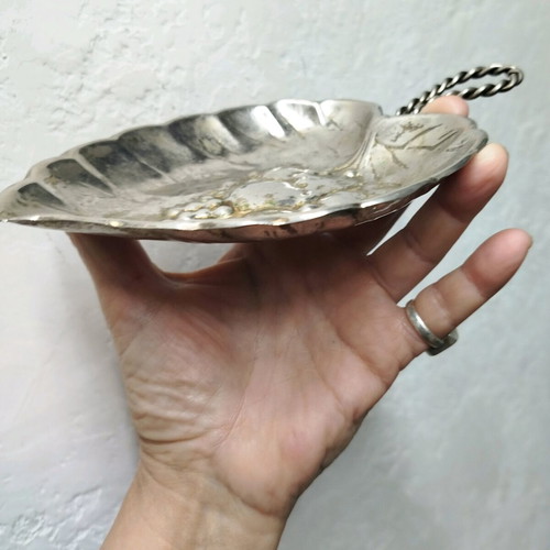 Vintage silver plated leaf-shaped plate used with embossed design