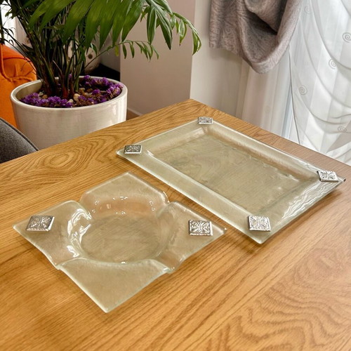 Glass ashtray and tray like new with silver decorative squares