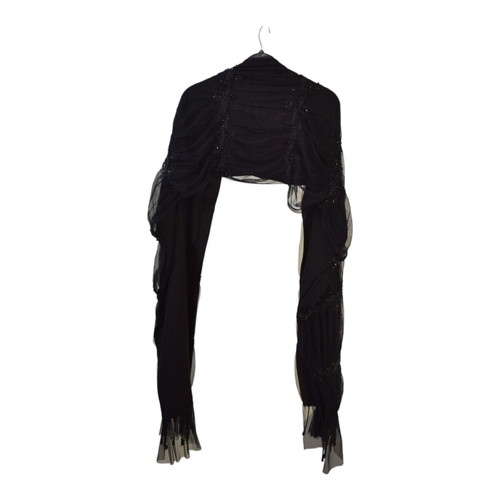 Vintage black silk chiffon scarf with bead embroidery used
