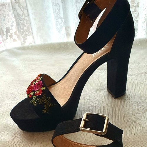 Sandals new with hand-painted flowers, faux suede, size 37
