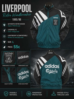 Liverpool Retro Windbreaker 1995/96 Size L New Official Replica