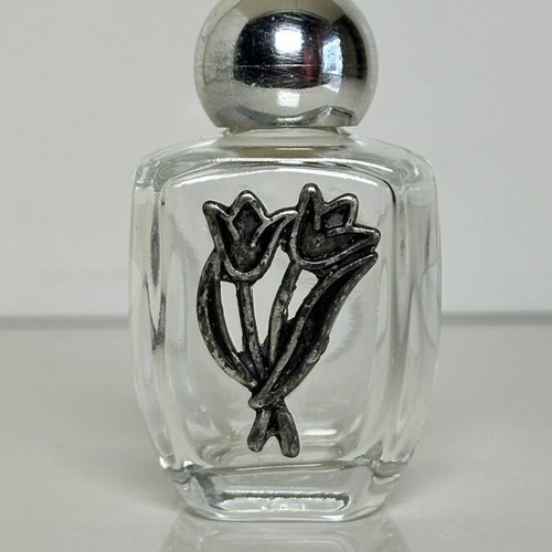 Vintage glass perfume bottle with metal tulip decoration