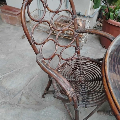Bamboo furniture set with round and rectangular glass tables and 6 chairs