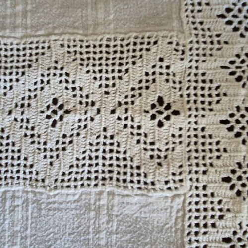Linen square with handmade crochet lace new, beige 90x90cm