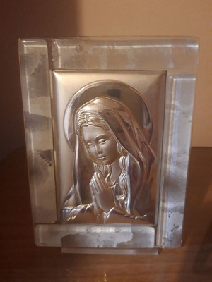 Virgin Mary image new silver with glass frame and stand