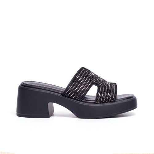 Platform sandals with side cutouts and strass new, black