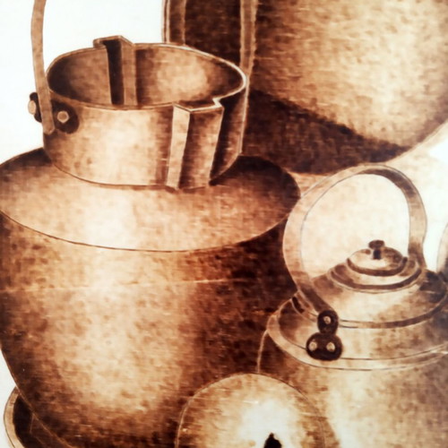 Still life pyrography painting signed artwork on linden wood