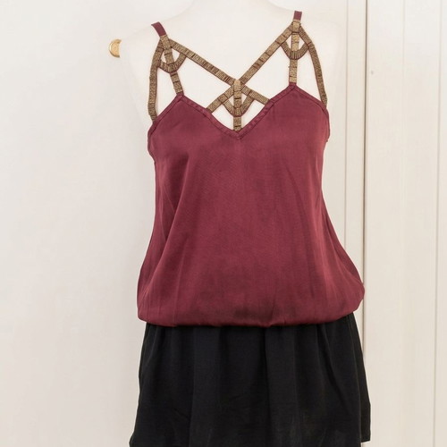 Toi&Moi Burgundy Satin Top with Gold Details Size M like new