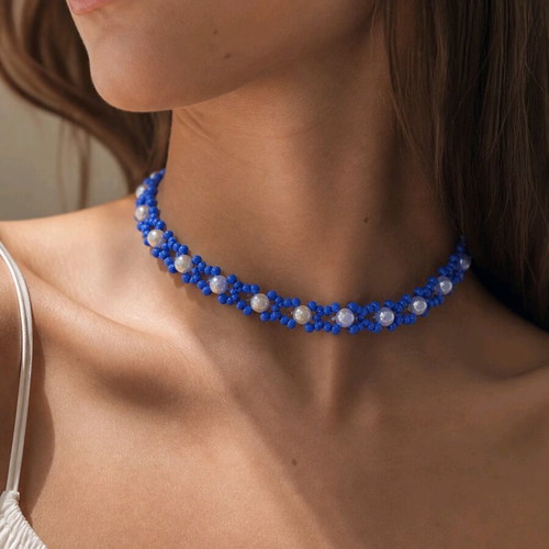 Handmade choker with blue beads and pearls like new