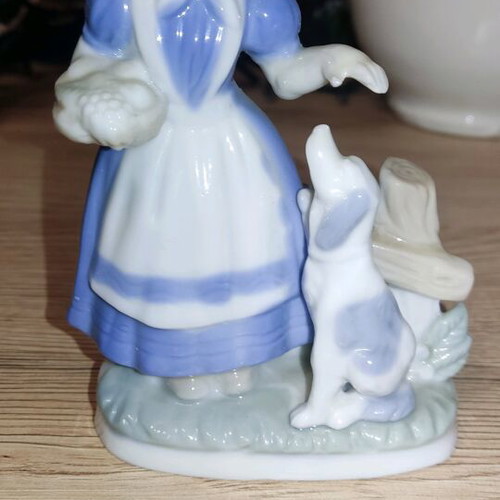 Porcelain figurine of girl with basket and dog like new, vintage