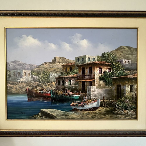 Large oil painting with palette knife, Greek seaside landscape by Dimas