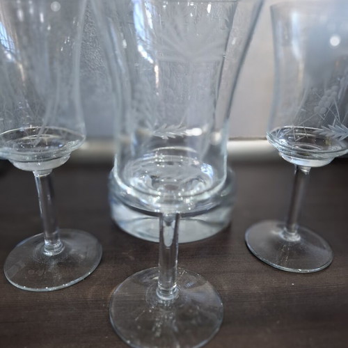 Vintage glass decanter set with stopper and 3 glasses