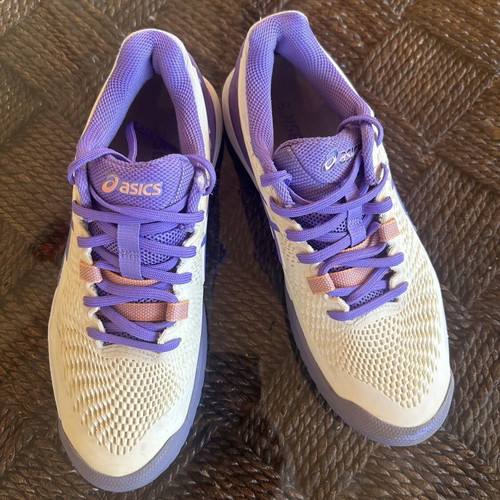 Asics Gel-Game 8 women's tennis shoes, size 39.5, white with purple and salmon